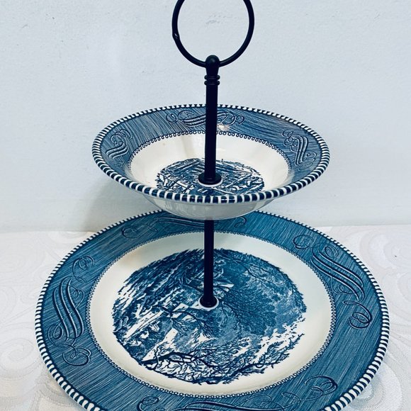 VNTG Currier & Ives 3-Tier Tidbit Tray,10" + 6" Plates/5.75" Bowl NEW Black Hdwe - Picture 6 of 9